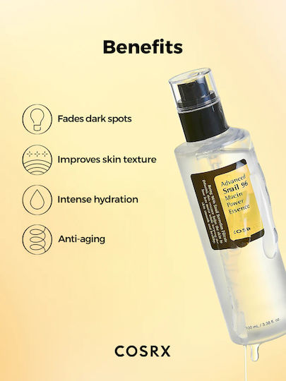 Cosrx Advanced Snail 96 Ενυδατικό & Αντιγηραντικό Essence Προσώπου με Έκκριμα Σαλιγκαριού & Υαλουρονικό Οξύ για Λάμψη & Πανάδες 100ml